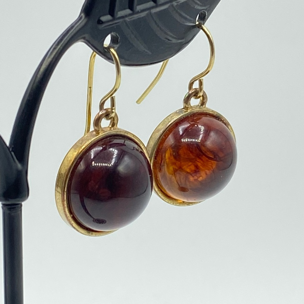 Vintage Faux Amber Acrylic Gold Tone Drop Earrings Cabochon Pierced Minimalist